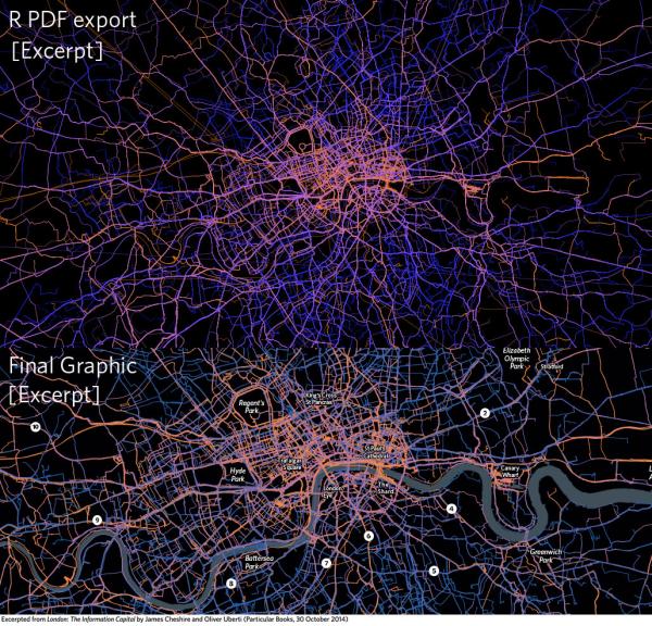 这张图片展示了英格兰南部通勤者起讫点流。在R语言中，我操作绝妙的ggplot2包中的geom_segment()呼吁，绘制起讫点重心间纤细透明的白色线条。我以为，R语言建造出的图片在玄色配景下显得出格大度，不外，之后我们将其导入AdobeIllustrator，Oliver将一系列透明结果应用在线条上，使得线条在深蓝的配景下熠熠精通（我们在整本书中利用了深蓝）。