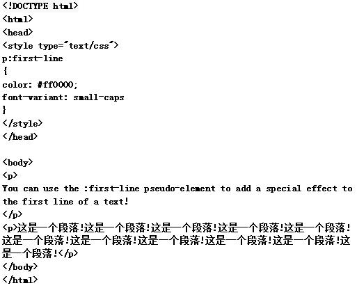 根据"first-line"伪元素中的样式对p元素的第一行文本进行格式化