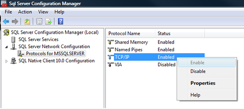 在SQLServerConfiguration中启用TCP/IP  　　多个SQLServer服务器之间通过网络相互通信是需要TCP/IP支持的，为使SQLServer服务器能被远程连接必须确保TCP/IP已经启用。按照前面介绍的步骤打开SQLServerConfigurationManager，然后打开SQLServerNetworkConfiguration，选择你要设置的数据库，然后点击TCP/IP，右键启用。如果有必要，你还可以启用NamedPipes。记住，所有的修改都必须在重启SQLServer服务之后才能生效！