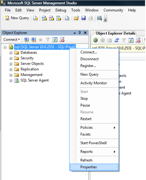 在SQLServer管理器中启用远程连接  　　这一步通常会被数据库管理员忽略，如果未启用数据库远程连接，数据库实例只允许在本地进行连接而不能被远程连接，启用远程连接同样非常重要。默认设置中远程连接是被禁止的。如下图，打开SQLServerManagementStudio，右键点击数据库实例然后选择属性菜单。