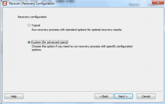 3.Next>Next，进入RecoveryConfiguration界面，选择Custom（选择了Custom才可以选择从日志中恢复误删除的数据）。