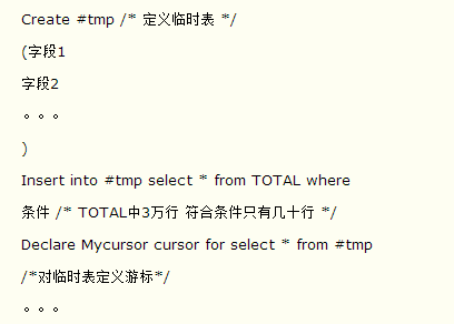 在有些场合，有时也非得使用游标，此时也可考虑将符合条件的数据行转入临时表中，再对临时表定义游标进行操作，可时性能得到明显提高。笔者在某地市〈电信收费系统〉数据库后台程序设计中，对一个表（3万行中符合条件的30多行数据）进行游标操作(硬件环境：PC服务器，PII26664Mram,NT4.0MsSqlserver6.5)。示例如下：