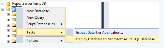 迁移过程  　　MS提供了不同的工具进行兼容性检查、迁移等工作。我们这里统统使用SSMS(SQLServerManagementStudio)。  　　下面看看具体的操作步骤。  　　在SSMS中右键需要迁移的数据库，选择Tasks中的”DeployDatabasetoMicrosoftAzureSQLDatabase…”。